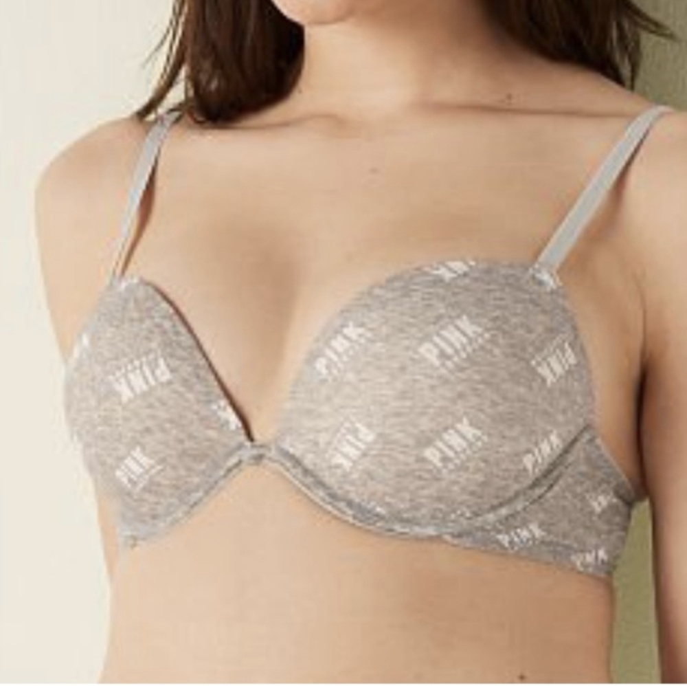 Pink Victorias Secret Womens Bra Wear Everywhere‎ Pushup Cotton Grey Logo 36D